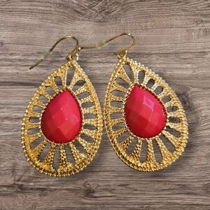 Elegant Gold and Red Teardrop Earrings
